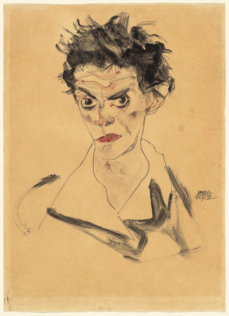 A man with large, dark eyes glowers at us from under black brows, one of which is lowered and the other cocked in this drawn, vertical portrait. The man’s face is angled slightly to our left, but he looks out with his red lips twisted up to our right. The planes of his cheeks, lines across his forehead, nose, and thin, narrow chin are painted lightly and broadly with pale gray and pale pink to suggest light skin tone and shadows. His black hair is tousled, and the open collar of his shirt is suggested with a few lines sketched in graphite and emphasized with strokes of black paint. The artist signed and dated the drawing to the right, “EGON SHIELE 1912.”