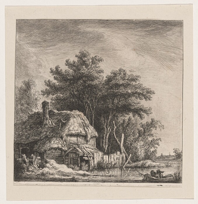 The image depicts a rustic thatched roof cottage surrounded by lush trees. The composition leads towards the horizon where a village structure is faintly visible. The artwork uses intricate line work, likely etching, to emphasize texture. The monochromatic color palette creates depth and focuses on light and shadow. Ducks glide on the water near the cottage, surrounded by dense trees.