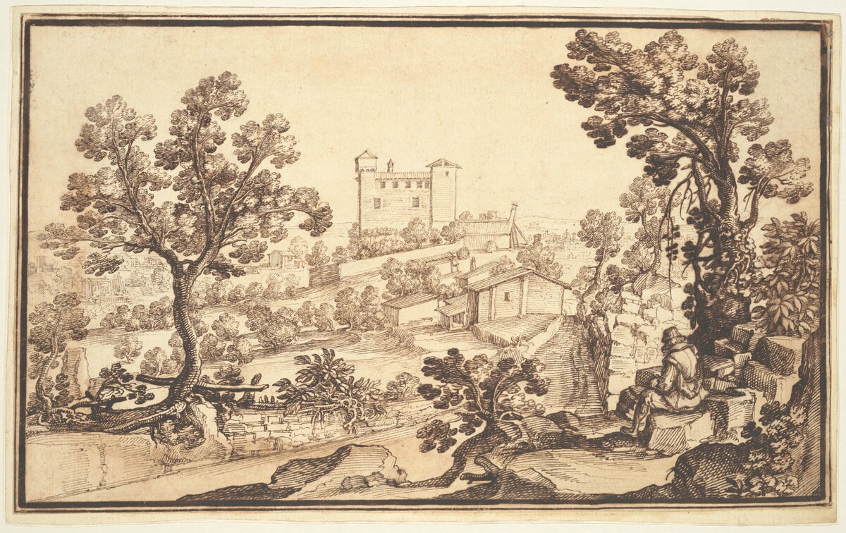 Landscape with a Man Resting, Farm Houses, and a Castle
