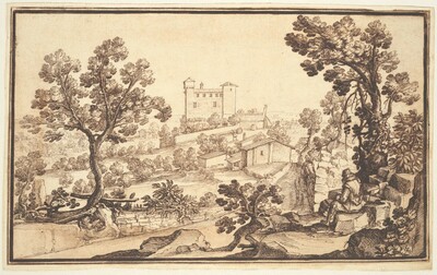 Landscape with a Man Resting, Farm Houses, and a Castle