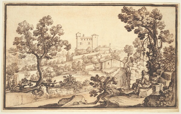Landscape with a Man Resting, Farm Houses, and a Castle
