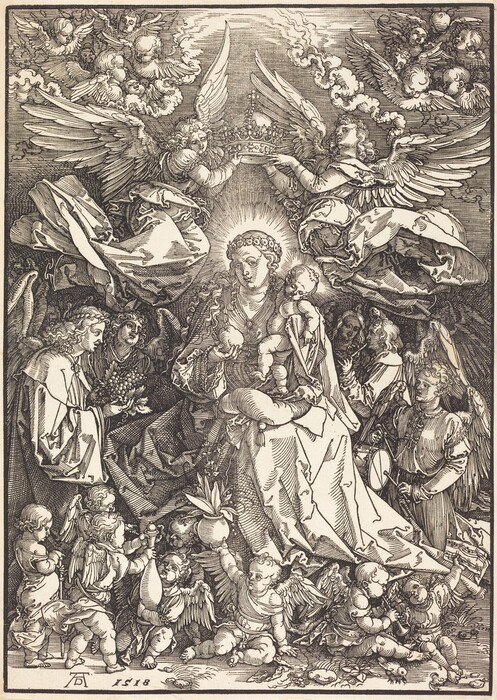 The image is a detailed engraving showing several figures. In the center is a seated woman holding a child. The woman has a halo and a floral crown, long curly hair, and is dressed in flowing robes with intricate patterns. Surrounding them are winged angels and cherubs, each with unique hairstyles and features. Some angels hold floral bouquets, while others have instruments. In the background, two large angels hold a crown over the woman’s head, with swirling clouds and more angelic figures. The composition is highly detailed, with elaborate clothing, wings, and expressions on each character, creating a celestial atmosphere.