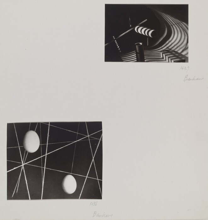 The image shows two black-and-white abstract compositions on a white background. The top image has curved and straight lines forming parallel stripes and concentric circles. The bottom image has intersecting diagonal lines on a dark surface with two round shapes floating amidst them. Both images share a thematic abstraction with geometric forms and spatial play.