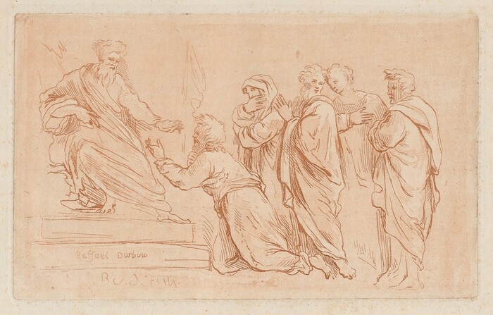 This is a drawing of several figures interacting with each other in a classical style. The scene depicts a seated figure on the left reaching towards a kneeling figure, who is extending a hand towards the seated figure. To the right, several other figures are positioned in various postures of observation or contemplation. The drawing is rendered in fine lines, with a light and airy composition, emphasizing the details of the drapery and the gestures of the figures. The entire scene conveys a sense of narrative and historical or mythological significance.