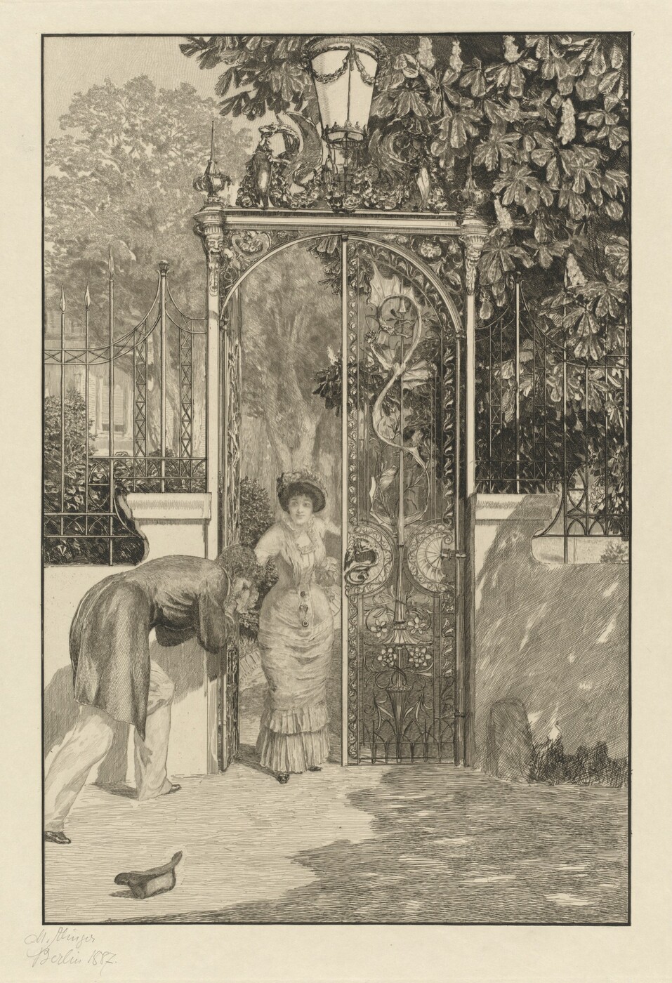 This is a drawing of an ornate gate with trees in the background. The scene features an elaborate wrought iron gate adorned with decorative motifs and topped with a lantern. Behind the gate, lush foliage is visible, casting shadows and creating a sense of depth. The gate is flanked by stone walls with iron railings continuing the intricate design. The setting suggests an entrance to a private garden or estate, with verdant trees visible in the distance. The entire scene is rendered in fine detail.
