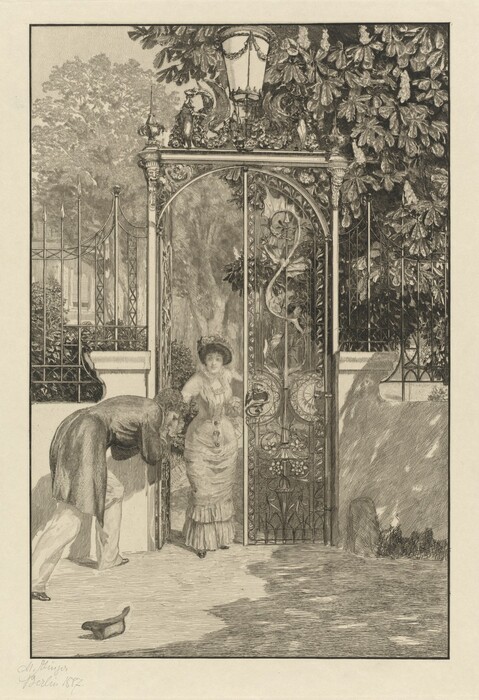 This is a drawing of an ornate gate with trees in the background. The scene features an elaborate wrought iron gate adorned with decorative motifs and topped with a lantern. Behind the gate, lush foliage is visible, casting shadows and creating a sense of depth. The gate is flanked by stone walls with iron railings continuing the intricate design. The setting suggests an entrance to a private garden or estate, with verdant trees visible in the distance. The entire scene is rendered in fine detail.