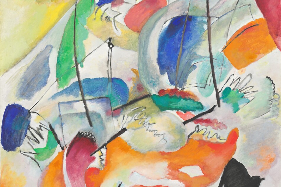 Black lines and one small, black triangular shape stand out against patches of color, in indigo and sky blue, pumpkin orange, butter yellow, emerald green, and ruby red, against a white background in this vertical, abstract painting. The paint seems thinly applied, resembling watercolor. Near the lower right corner, the black shape is roughly triangular and has five curving, parallel lines emanating from the bottom. Given the title of this painting, Improvisation 31, Sea Battle, the black lines could represent tall masts and outlines of sails amid areas of vibrant color that make up a boat and water around it.