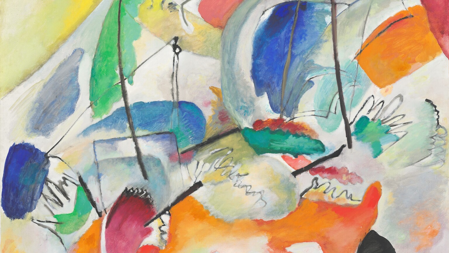 Black lines and one small, black triangular shape stand out against patches of color, in indigo and sky blue, pumpkin orange, butter yellow, emerald green, and ruby red, against a white background in this vertical, abstract painting. The paint seems thinly applied, resembling watercolor. Near the lower right corner, the black shape is roughly triangular and has five curving, parallel lines emanating from the bottom. Given the title of this painting, Improvisation 31, Sea Battle, the black lines could represent tall masts and outlines of sails amid areas of vibrant color that make up a boat and water around it.