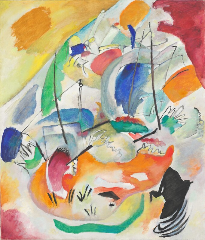 Black lines and one small, black triangular shape stand out against patches of color, in indigo and sky blue, pumpkin orange, butter yellow, emerald green, and ruby red, against a white background in this vertical, abstract painting. The paint seems thinly applied, resembling watercolor. Near the lower right corner, the black shape is roughly triangular and has five curving, parallel lines emanating from the bottom. Given the title of this painting, Improvisation 31, Sea Battle, the black lines could represent tall masts and outlines of sails amid areas of vibrant color that make up a boat and water around it.