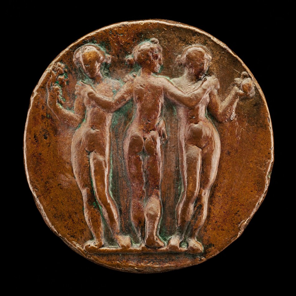 The sculpture depicts three human figures standing closely together on a rounded, flat surface. They are positioned facing slightly inwards towards one another, with their arms interlinked. The central figure's back is slightly towards the viewer, while the side figures have their fronts more visible. The sculpture is predominantly a weathered copper color, indicating it may be made from bronze or a similar metal, with a surface that shows some green patina. The detailing is subtle, with the figures' features lightly carved, and standing in a classical contrapposto stance. Their bodies are delicately rendered, suggesting grace and fluidity in their poses, and the whole ensemble is encapsulated within a circular medallion form.