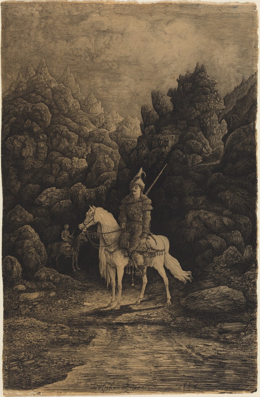 Oriental Horseman in a Desolate Mountain Landscape