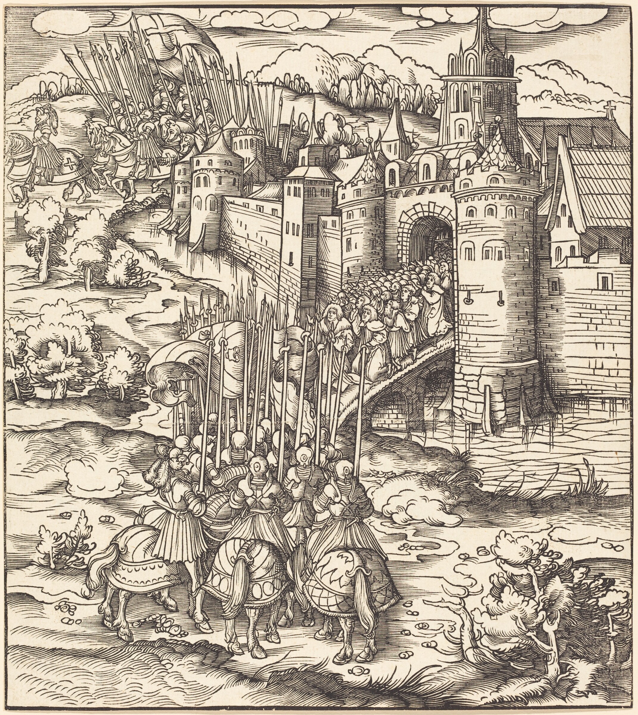 Various Men Kneeling on a Bridge in front of a Town, Leonhard Beck, 1514/1516