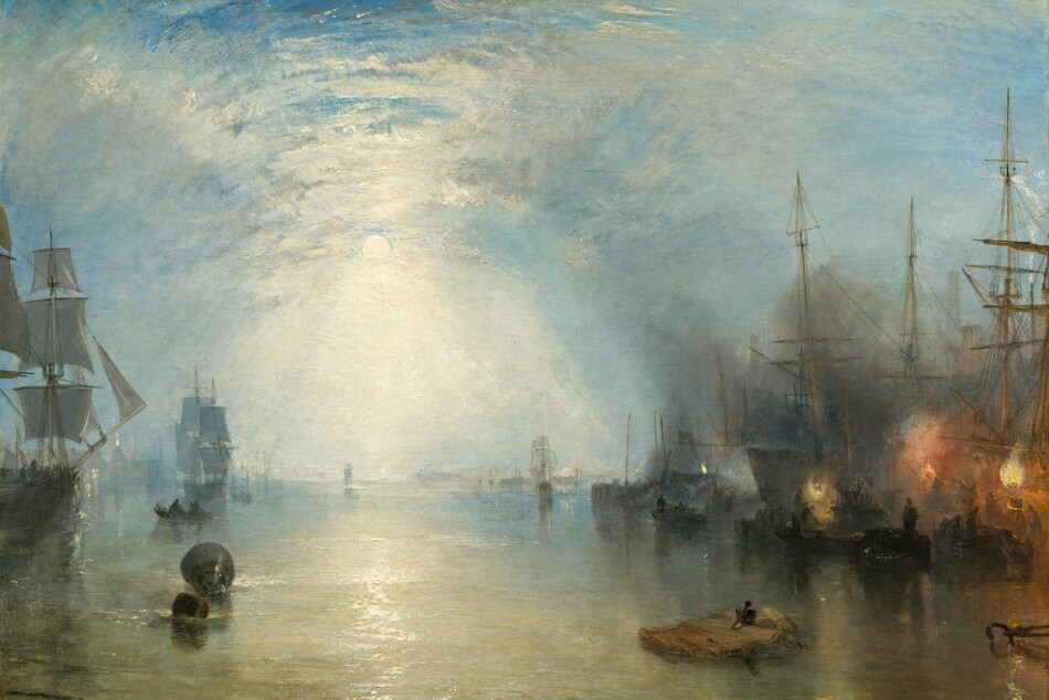 We hover over a flax-yellow body of water lined with ships to our left and right, which are silhouetted against a moonlit, cloud-veiled sky in this horizontal landscape painting. The horizon comes about a third of the way up the composition. The moon hangs to our left of center in the sky, its light reflecting on the clouds in a bright, hourglass shape to create a tunnel-like effect. The sea below turns from a gold color close to us to pale blue along the horizon. To our left, one ship with gray sails is cut off by the edge of the canvas and another, also with gray sails, is situated farther from us. A small, dark rowboat with two passengers moves between them. Light from the windows in buildings along the distant horizon to our left reflect in the water, and another building, a factory, spouts white flame from its chimney. More dark ships line the waterway to our right, their spiky masts black against the sky. Three flames, one orange between two pale yellow fires, flare in the darkness in front of the ship closest to us. The forms of men shoveling coal, crates, and barges are dark silhouettes against the firelight and smoke. More rowboats float among the boats in the distance. Near the lower right corner of the canvas, a broad, flat fragment of wood floats close to us. The hot orange and black on the right side of the painting contrasts with the silvery gray, light blue, and white that fills much of the rest of the composition. The painting was created with thick, blended brushstrokes throughout, giving the scene a hazy look. The texture of some of the brushstrokes is especially noticeable, as where the moon casts white light onto the water and in the clouds. The artist signed a buoy floating to our left with his initials, “JMWT.”