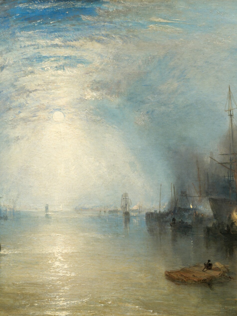 We hover over a flax-yellow body of water lined with ships to our left and right, which are silhouetted against a moonlit, cloud-veiled sky in this horizontal landscape painting. The horizon comes about a third of the way up the composition. The moon hangs to our left of center in the sky, its light reflecting on the clouds in a bright, hourglass shape to create a tunnel-like effect. The sea below turns from a gold color close to us to pale blue along the horizon. To our left, one ship with gray sails is cut off by the edge of the canvas and another, also with gray sails, is situated farther from us. A small, dark rowboat with two passengers moves between them. Light from the windows in buildings along the distant horizon to our left reflect in the water, and another building, a factory, spouts white flame from its chimney. More dark ships line the waterway to our right, their spiky masts black against the sky. Three flames, one orange between two pale yellow fires, flare in the darkness in front of the ship closest to us. The forms of men shoveling coal, crates, and barges are dark silhouettes against the firelight and smoke. More rowboats float among the boats in the distance. Near the lower right corner of the canvas, a broad, flat fragment of wood floats close to us. The hot orange and black on the right side of the painting contrasts with the silvery gray, light blue, and white that fills much of the rest of the composition. The painting was created with thick, blended brushstrokes throughout, giving the scene a hazy look. The texture of some of the brushstrokes is especially noticeable, as where the moon casts white light onto the water and in the clouds. The artist signed a buoy floating to our left with his initials, “JMWT.”
