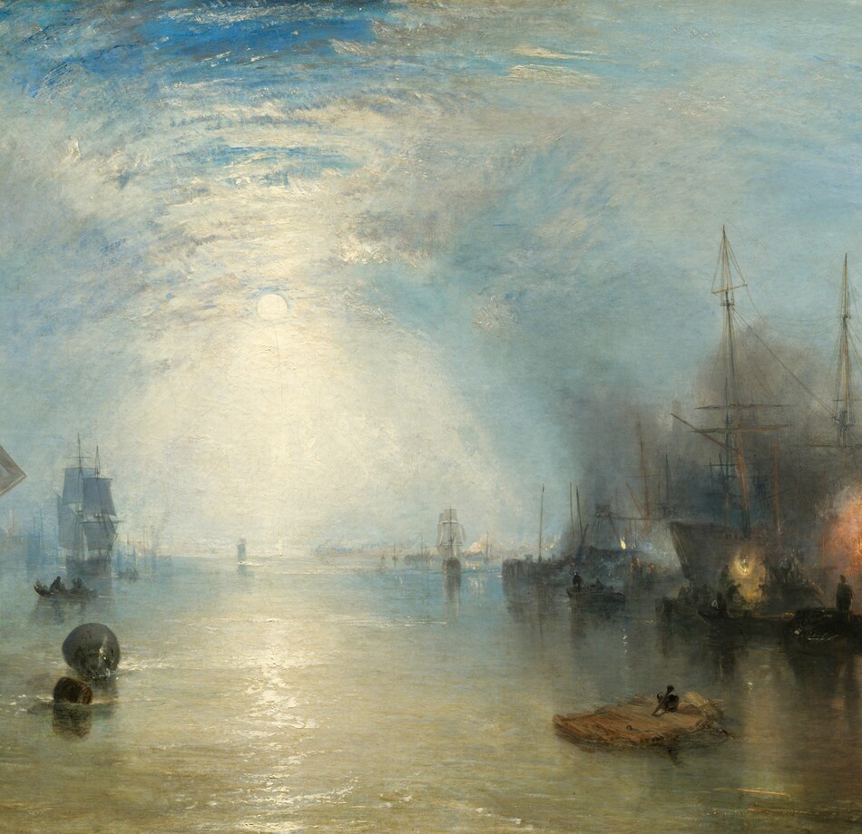 We hover over a flax-yellow body of water lined with ships to our left and right, which are silhouetted against a moonlit, cloud-veiled sky in this horizontal landscape painting. The horizon comes about a third of the way up the composition. The moon hangs to our left of center in the sky, its light reflecting on the clouds in a bright, hourglass shape to create a tunnel-like effect. The sea below turns from a gold color close to us to pale blue along the horizon. To our left, one ship with gray sails is cut off by the edge of the canvas and another, also with gray sails, is situated farther from us. A small, dark rowboat with two passengers moves between them. Light from the windows in buildings along the distant horizon to our left reflect in the water, and another building, a factory, spouts white flame from its chimney. More dark ships line the waterway to our right, their spiky masts black against the sky. Three flames, one orange between two pale yellow fires, flare in the darkness in front of the ship closest to us. The forms of men shoveling coal, crates, and barges are dark silhouettes against the firelight and smoke. More rowboats float among the boats in the distance. Near the lower right corner of the canvas, a broad, flat fragment of wood floats close to us. The hot orange and black on the right side of the painting contrasts with the silvery gray, light blue, and white that fills much of the rest of the composition. The painting was created with thick, blended brushstrokes throughout, giving the scene a hazy look. The texture of some of the brushstrokes is especially noticeable, as where the moon casts white light onto the water and in the clouds. The artist signed a buoy floating to our left with his initials, “JMWT.”