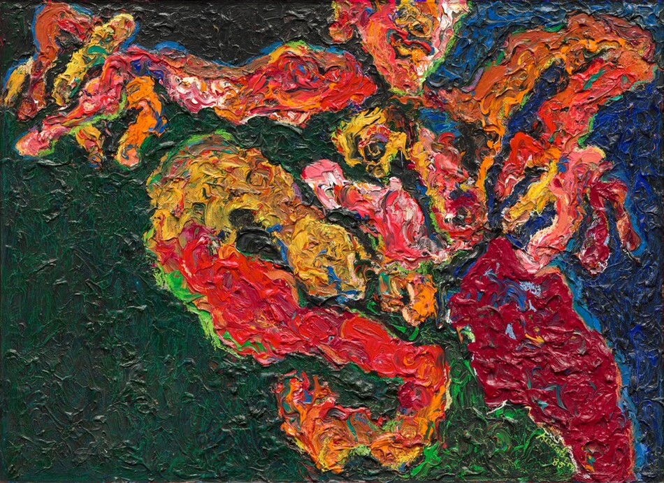 Thickly textured daubs of crimson and brick red, flame and pumpkin orange, butter yellow, and acid green swirl amid a background of dark, pine green to our left and royal blue to our right in this abstract, horizontal painting. Eventually we realize that the reds, oranges, yellow, and bright green create the abstracted form of a person. The head is cut off over the nose, but we see the wide nostrils of the nose and the full mouth, which angles up to our left. The arm to our left extends along the top edge of the painting, and the other arm bends in a hairpin curve. The hands are oversized with thick fingers. Two breasts droop down the body. The person’s right leg, to our left, also bends in a hairpin turn and the other leg extends off the bottom edge of the painting. The paint is so thickly applied that it casts shadows as it swirls across the Masonite.