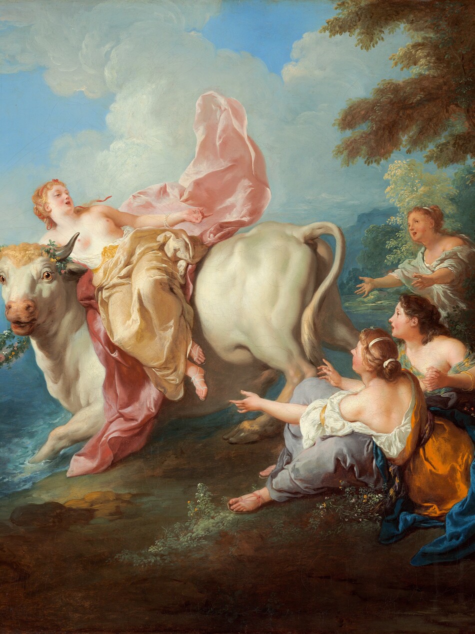 A bare-chested, blond woman sits sideways on a muscular, large, white bull, who charges into an ocean while three women look on in this horizontal painting. All the people have pale or peachy skin and rosy cheeks. The bull is being pulled to our left by a winged, nude, baby-like putto wading into the water. The putto has pudgy arms, a round tummy, and short, blond, curly hair. He looks back over his shoulder and smiles as he reaches along a garland of leaves and flowers, used to pull the bull. The bull turns his head to look over our left shoulder with bright, golden eyes. His front legs plunge into the azure-blue water. Rings of flowers encircle his short, steel-gray horns. The woman riding atop, Europa, leans across the bull’s neck and one hand clutches one of the bull’s horns. She looks and gestures with her other hand to the group behind the bull, to our right. Europa’s blond hair is woven with a deep pink ribbon. Her eyes are slitted as she looks down her nose, her pink lips open. Pale, shimmering yellow fabric covers her legs over sandaled feet. She sits on a rose-pink cloth that also billows up behind her. She wears two pearl bracelets on her gesturing hand. The three women looking on sit and stand near a tree trunk in a dense wooded area in the lower right quadrant of the painting. Their mouths are open, their hair bound, and they wear flowing robes of bronze orange, royal blue, lavender gray, or pale mint green. One woman has dark brown hair and sits with one elbow propped on a tree root.  Her hands are clasped and she wears gold bracelets. Another woman leans across her lap, her arms outstretched toward Europa, her back to us. The third woman stands and leans in behind this pair, also reaching out toward Europa. A deeply shaded rocky ground stretches across the bottom of the canvas, and a leafy tree extends off the top right corner. Dense vegetation becomes lighter and hazier in the distance, to our right. A bright dot of cream white surrounded by coral peach on the ocean’s horizon suggests the sun. In the top half of the picture, towering puffy clouds rise against a topaz-blue sky.