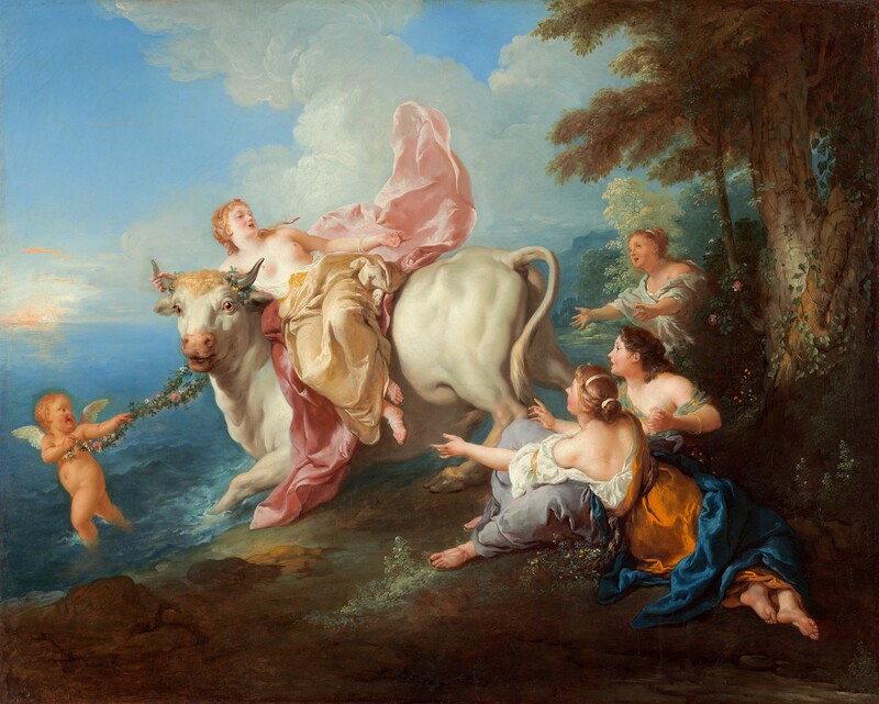 A bare-chested, blond woman sits sideways on a muscular, large, white bull, who charges into an ocean while three women look on in this horizontal painting. All the people have pale or peachy skin and rosy cheeks. The bull is being pulled to our left by a winged, nude, baby-like putto wading into the water. The putto has pudgy arms, a round tummy, and short, blond, curly hair. He looks back over his shoulder and smiles as he reaches along a garland of leaves and flowers, used to pull the bull. The bull turns his head to look over our left shoulder with bright, golden eyes. His front legs plunge into the azure-blue water. Rings of flowers encircle his short, steel-gray horns. The woman riding atop, Europa, leans across the bull’s neck and one hand clutches one of the bull’s horns. She looks and gestures with her other hand to the group behind the bull, to our right. Europa’s blond hair is woven with a deep pink ribbon. Her eyes are slitted as she looks down her nose, her pink lips open. Pale, shimmering yellow fabric covers her legs over sandaled feet. She sits on a rose-pink cloth that also billows up behind her. She wears two pearl bracelets on her gesturing hand. The three women looking on sit and stand near a tree trunk in a dense wooded area in the lower right quadrant of the painting. Their mouths are open, their hair bound, and they wear flowing robes of bronze orange, royal blue, lavender gray, or pale mint green. One woman has dark brown hair and sits with one elbow propped on a tree root. Her hands are clasped and she wears gold bracelets. Another woman leans across her lap, her arms outstretched toward Europa, her back to us. The third woman stands and leans in behind this pair, also reaching out toward Europa. A deeply shaded rocky ground stretches across the bottom of the canvas, and a leafy tree extends off the top right corner. Dense vegetation becomes lighter and hazier in the distance, to our right. A bright dot of cream white surrounded by coral peach on the ocean’s horizon suggests the sun. In the top half of the picture, towering puffy clouds rise against a topaz-blue sky.