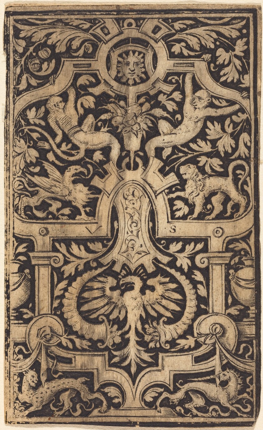 Strapwork and Foliage Ornament on Dark Ground with Monkeys and other Animals