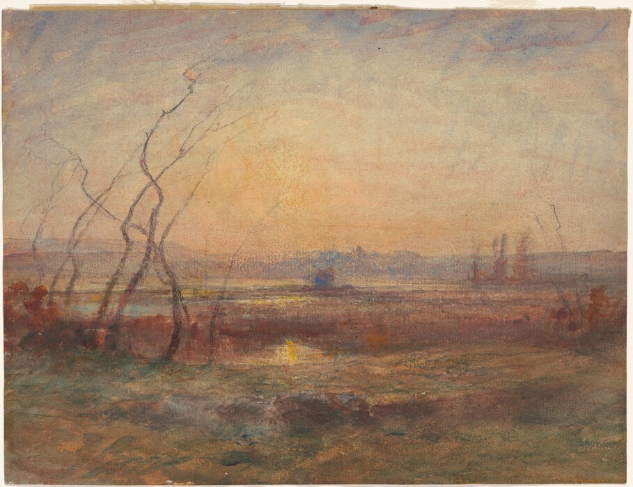 The image depicts a landscape with a slightly elevated perspective. The horizon line is positioned above the center, showing distant hills under a warmly glowing sky. In the foreground, bare trees with thin, twisting branches are depicted. The painting uses soft and blended brushstrokes, creating a sense of gentle motion. The color palette includes warm earth tones, rich browns, deep reds, light blues, and yellows, along with pastel hues in the sky.