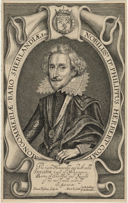 The image shows a man from the waist up, facing slightly to the right with his head turned towards the viewer. He has wavy hair, a mustache, and a goatee. He is dressed in an Elizabethan-style outfit with a high lace ruff collar, an embellished coat, and a pendant around his neck. The background features an ornate oval frame with scrollwork decorations and text indicating the person's identity and titles.