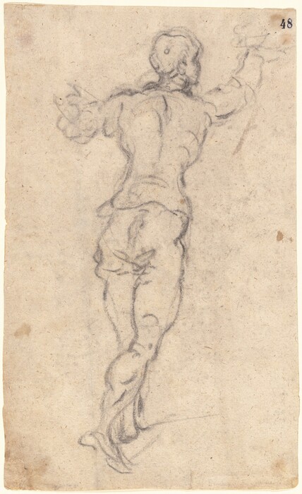 The image is a sketch of a human figure seen from the back, spanning from head to feet. The person is in a dynamic pose with one arm raised and bent at the elbow, and the other arm extended downward. The facial features are not detailed, with the head shown in profile from behind. The figure's hair is loosely suggested, and there are no clothing details, accessories, or objects present. The background is plain, emphasizing the figure's linework.