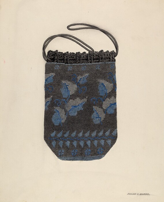 The image shows a small beaded drawstring pouch with a pattern of blue and gray flowers. The color palette includes black, blue, and shades of gray. The pouch is centered on a beige background, with the drawstring placed neatly across the top edge.