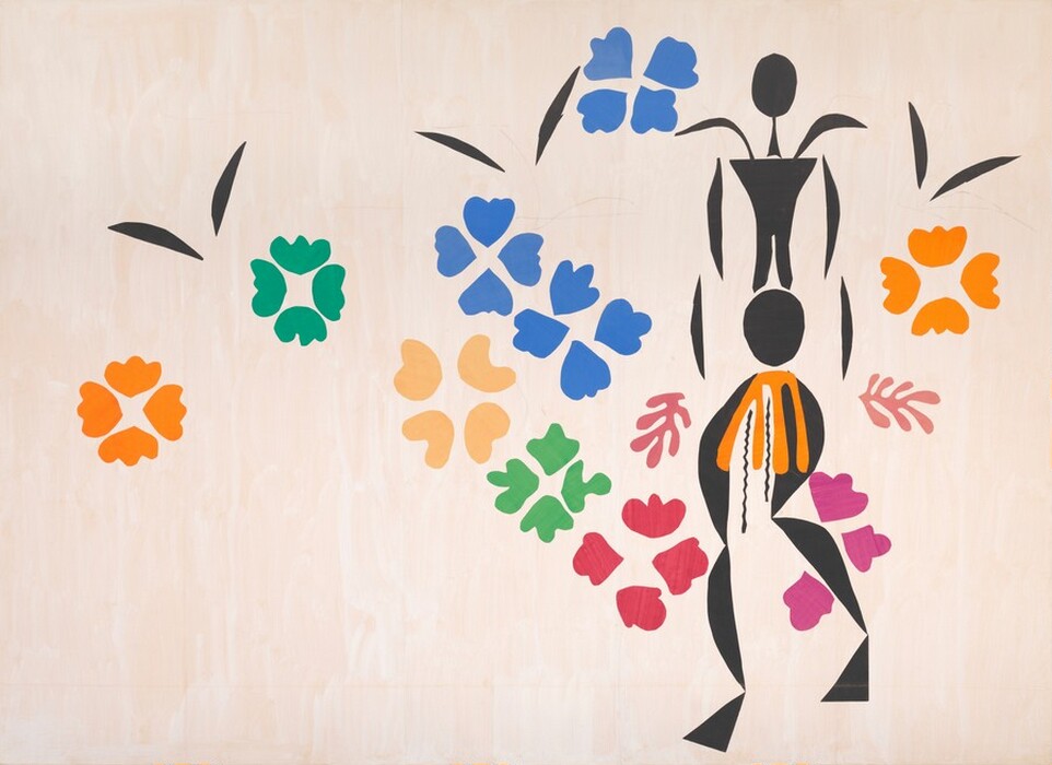 Shapes cut from pieces of painted paper suggest a person and flowers on this abstracted, horizontal composition. Slivers, curving segments, and circles made with black paper make up the silhouetted body of a person to the right. A shape with four long fingers extending downward suggests a marigold-yellow skirt around the person’s hips. Four-petaled flowers in shades of aquamarine blue, butter yellow, shamrock green, red, fuchsia, and orange float around the person, mostly to the left. A few pairs of black slivers suggest flying birds. The canvas background is streaked with ivory white and pale peach.