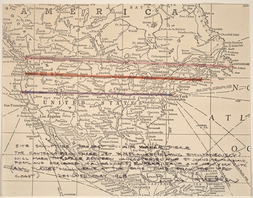 Site Sculpture Project - Air Marker Piece, The Contrails from Three Jet Airplanes (Flying Simultaneously) Will Mark the Space between Vancouver, B.C. and St. Johns, Newfoundland, Portland Ore., and Halifax N.S., Eureka, Calif. and New York City. (All Planes Will Leave at the Same Time from the West Coast)
