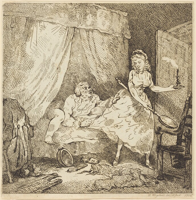 The image shows a man seated on a bed, leaning forward and looking at a standing woman. The man wears loose clothing and has his hair pulled back. The woman is holding a lit candle and a frying pan, wearing a long dress and a headpiece. They are in a dimly-lit room with a canopy bed, scattered clothing items, and a chair.