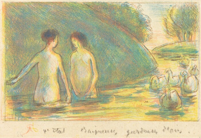 The image depicts two figures in a body of water with ducks and surrounding nature. The figures are partially submerged in a pond or lake. To the right, a group of ducks float on the water. Trees and bushes surround the water, creating a lush setting. The colors are vibrant, with a combination of yellows, greens, and blues. The style is similar to Pierre-Auguste Renoir, emphasizing softness and fluidity in the figures and nature.