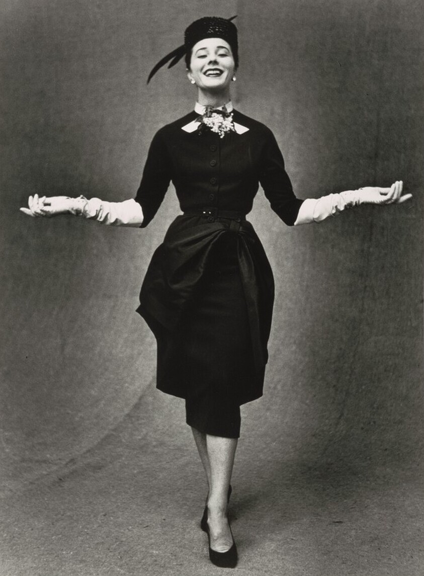 Paris Fashions, Bettina Graziani models Pierre Balmain dress