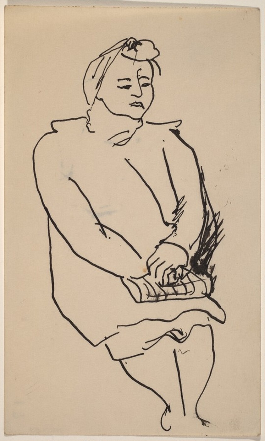 Seated Woman with Hat, Holding Purse in Lap