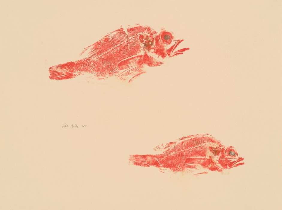 Two large red fish prints are the main objects in this image. The color palette is dominated by red against a pale cream background. The first fish is positioned towards the top left corner of the image, while the second fish is located below and slightly to the right of the first fish. There is some handwritten text in the center left of the image.