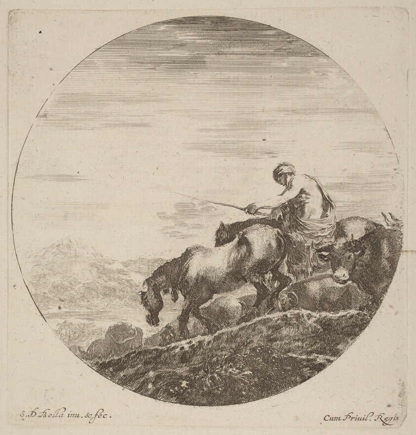 Shepherd on a Horse Driving a Herd of Various Animals