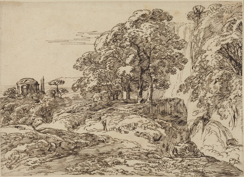 Pastoral Landscape with a Waterfall and a Temple