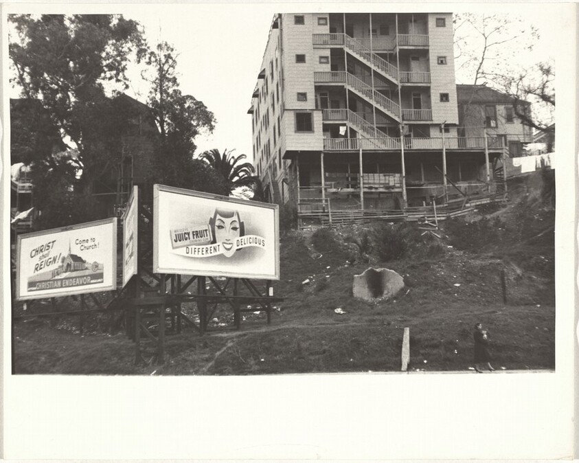 Billboards before apartment complex--Los Angeles