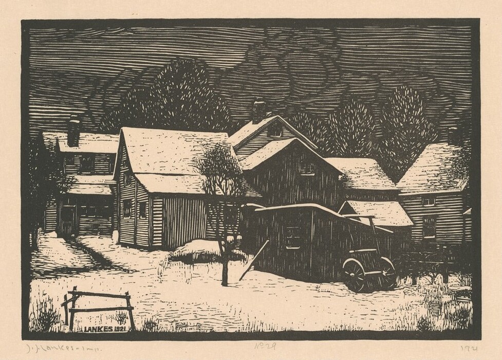 The image is a monochromatic woodcut print featuring rustic houses surrounded by trees in a wintry scene. The viewpoint is at human eye level, looking at buildings slightly angled to the right. The horizon is depicted by a line of trees and rooftops. The print shows bold lines and varying textures, capturing shadows and snow effectively. The color palette is black and white, emphasizing the contrast between snow-covered surfaces and dark elements. The scene includes a snow-dusted wooden signpost and grasses peeking through the snow, with leafless trees in the distance against a lightly textured sky.