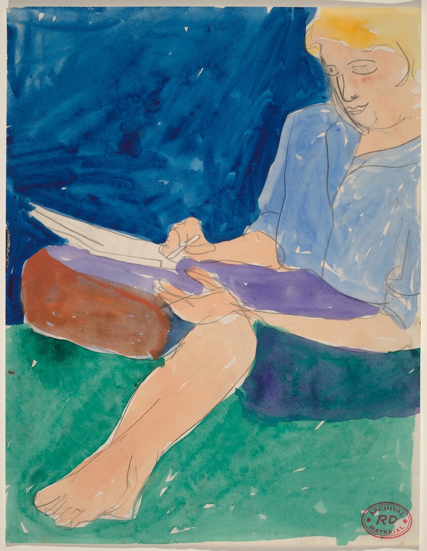 Untitled [barefoot woman seated and writing]
