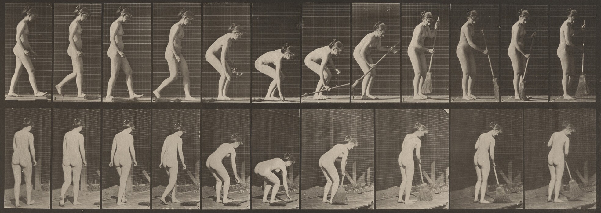 This is a photograph of a series of images capturing a figure sweeping with a broom. The images depict the figure in different stages of movement while performing the sweeping action. They are organized in a grid format with a monochromatic tone.