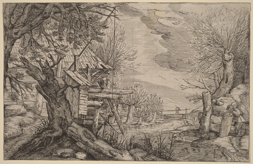 Landscape with Log House near a River