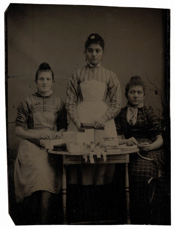Portrait of Three Woman Making Pasteboard Boxes
