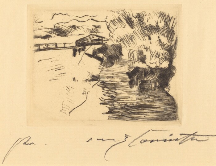 The image depicts a rural scene with a structure that could be a barn or house. The perspective leads to the building located in the upper third of the composition. A line suggests the horizon, sloping away from the building. The painting shows dynamic brushstrokes indicating foliage, possibly trees, on the right side. The style is impressionistic with an emphasis on spontaneity over detail. The color scheme is monochromatic, using shades of black on off-white paper. In the distance, there is a minimalistic representation of a roof and open land, enhancing the rural atmosphere.