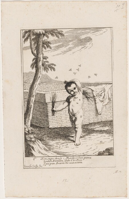 The image shows a cherubic child figure standing with one arm raised and the other holding a small broom-like object. The child is positioned with one foot lifted as if beginning to take a step. The face is plump with round cheeks, and short, curly hair. The child appears to be unclothed. Surrounding the child, in the background, there is a brick wall with a garment draped over it, and a few flying insects dot the air. There is also a tree with broad leaves growing nearby, and hilly terrain can be seen in the distance. The sky is depicted with soft lines indicating clouds.