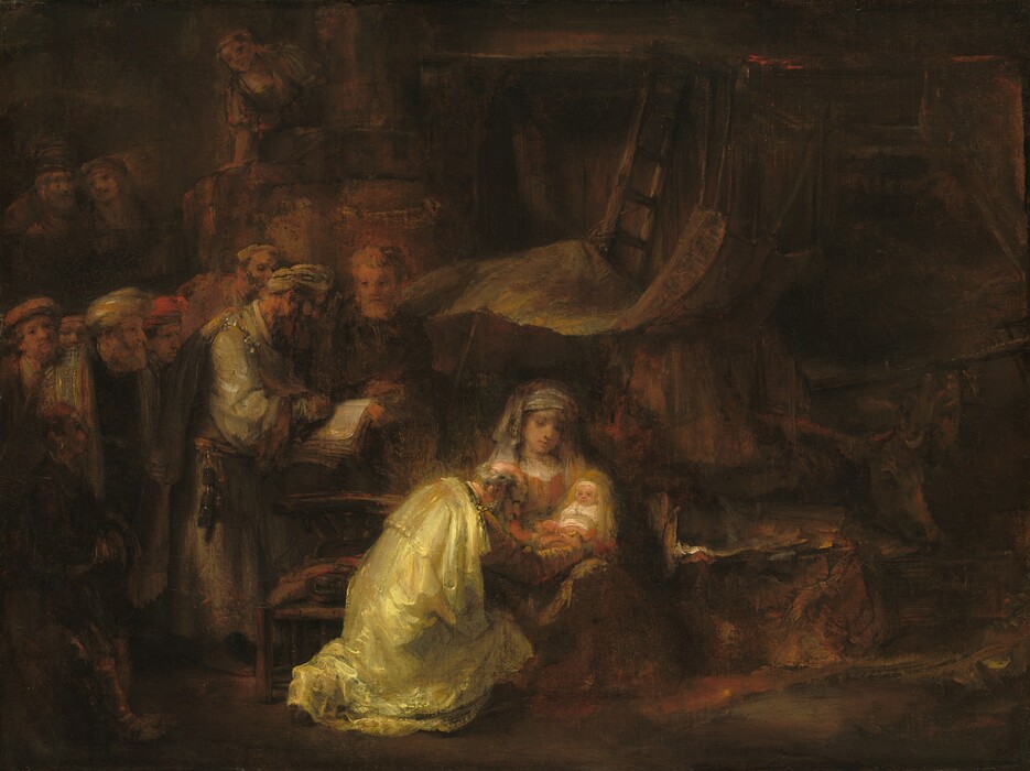 In a space almost entirely shrouded in shadow, light falls across a bearded man kneeling in front of a woman cradling an infant, as about a dozen people to our left look on in this horizontal painting. The people all appear to have light skin, though some are deep in shadow. The scene is painted with dabs and soft strokes of peanut and coffee brown, golden yellow, ivory, smoke gray, and muted terracotta red, so many of the details are indistinct. At the bottom center of the painting, the man, woman, and baby are small in scale, reaching less than halfway up the composition. The kneeling man wears a long, pale yellow robe that pools around his bent legs. Facing our right in profile, he has a fringe of gray hair around his balding head and a gray beard. He reaches out toward the baby resting along the woman's lap. The man holds an instrument like a stylus at the baby’s groin, and the child’s legs are bare. The infant is wrapped in a white cloth over his head and torso, and gold-colored fabric drapes over his head and shoulders. With tiny, rounded features, the baby looks toward the man at his feet. The woman wears a long-sleeved, muted red dress with white fabric across her chest. She looks down, and her head is wrapped with a pale gray turban that falls to either side of her face and covers her hair. At the front of the group of men and women looking on, to our left, a bearded man wearing a brown turban, a waist-length dark gray cape, and a lighter gray robe writes in an open book slung over his forearm. Several people, most also wearing turbans in silver gray, ruby red, or terracotta brown look over the man’s shoulder. A few more people look down at the scene from the shadows above, near the upper left corner of the painting. Behind the woman and child, a ladder leans against a platform, perhaps a loft, and draped fabric creates a canopy over the woman. A jumble of objects there merge with the deep shadows.