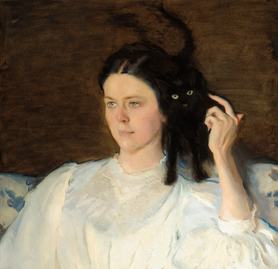 A woman with pale skin and dressed in white sits on a couch gazing into the distance to our left as she raises one arm to stroke a black cat perched on her shoulder in this vertical portrait. Shown from the lap up, the woman’s dress has voluminous, puffed, elbow-length sleeves and a high collar, and her narrow waist is cinched with a white sash. Her dark brown hair is parted down the middle and tied back, and she has pale blue eyes and pink lips. She reaches up to the cat with her left hand, on our right, and her other hand, farther from us, rests flat in her lap. The black cat looks at us with greenish-yellow eyes as it almost disappears into the dark brown background above the white couch, which is decorated with a blue pattern. The artist signed the work with dark letters in the lower left corner: “Cecilia Beaux.”