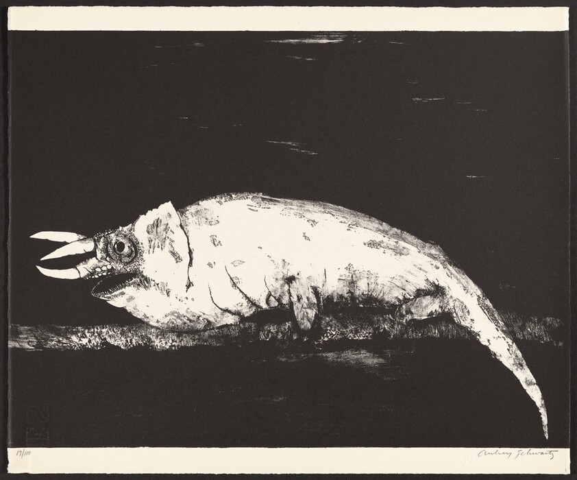This is a painting of a surreal creature with a prominent horned face. The creature has features reminiscent of both aquatic and reptilian animals, with a robust, textured body and a tail-like extension. The painting is done in a dark, monochromatic style, with intricate detail on the creature's head, emphasizing its sharp horns and wide eye. The background has a stark contrast of dark and light, suggesting a nocturnal setting or the depths of the ocean. The use of heavy shadowing and emphasis on texture give the painting a mysterious, otherworldly atmosphere.