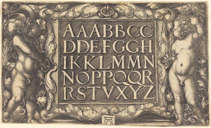 This is a drawing of the alphabet surrounded by decorative elements. The letters A to Z are displayed in pairs on a textured backdrop in a structured grid. Elaborate scrollwork and foliage frame the text. Two cherubs are depicted on either side of the frame: one on the left holds a horn-like object, and the other cherub on the right holds a globe in one hand and a staff in the other. Both figures are surrounded by detailed leaves and scroll patterns.