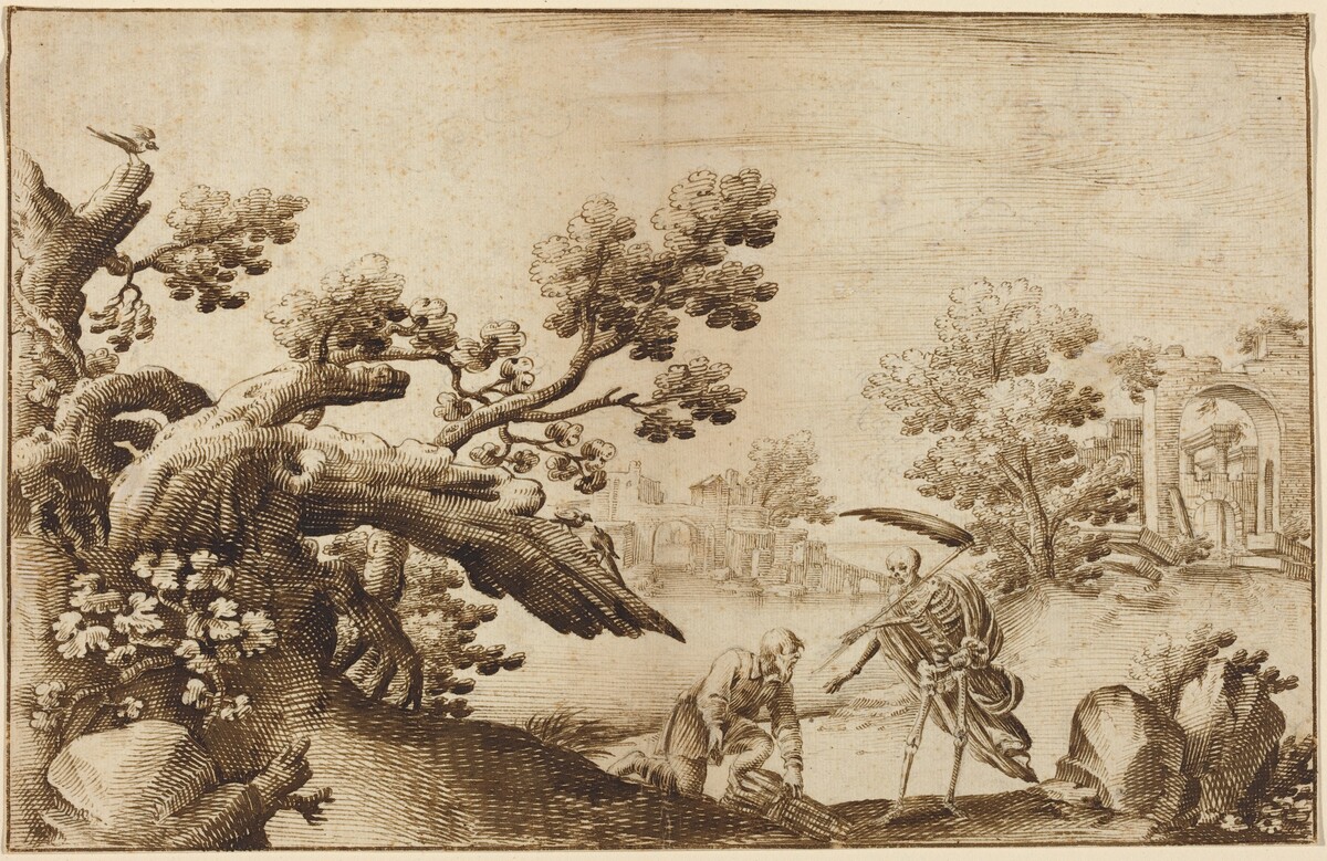 Death and the Woodman in a Coastal Landscape with Ruins