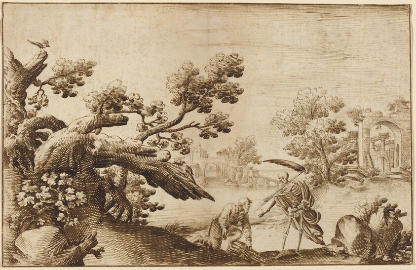 Death and the Woodman in a Coastal Landscape with Ruins